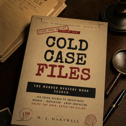Cold Case Files Murder Mystery Word Search Puzzle Book for True Crime Junkies - 120 Crime Scenes, 3 Skill Tiers (Rookie-Chief Inspector), Active Brain Workout, Rigorous Puzzle Rules, Unused Letters Killer Clues, Letter-Based Method, Daily Commuter Use