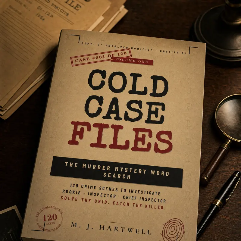 Cold Case Files Murder Mystery Word Search Puzzle Book for True Crime Junkies - 120 Crime Scenes, 3 Skill Tiers (Rookie-Chief Inspector), Active Brain Workout, Rigorous Puzzle Rules, Unused Letters Killer Clues, Letter-Based Method, Daily Commuter Use