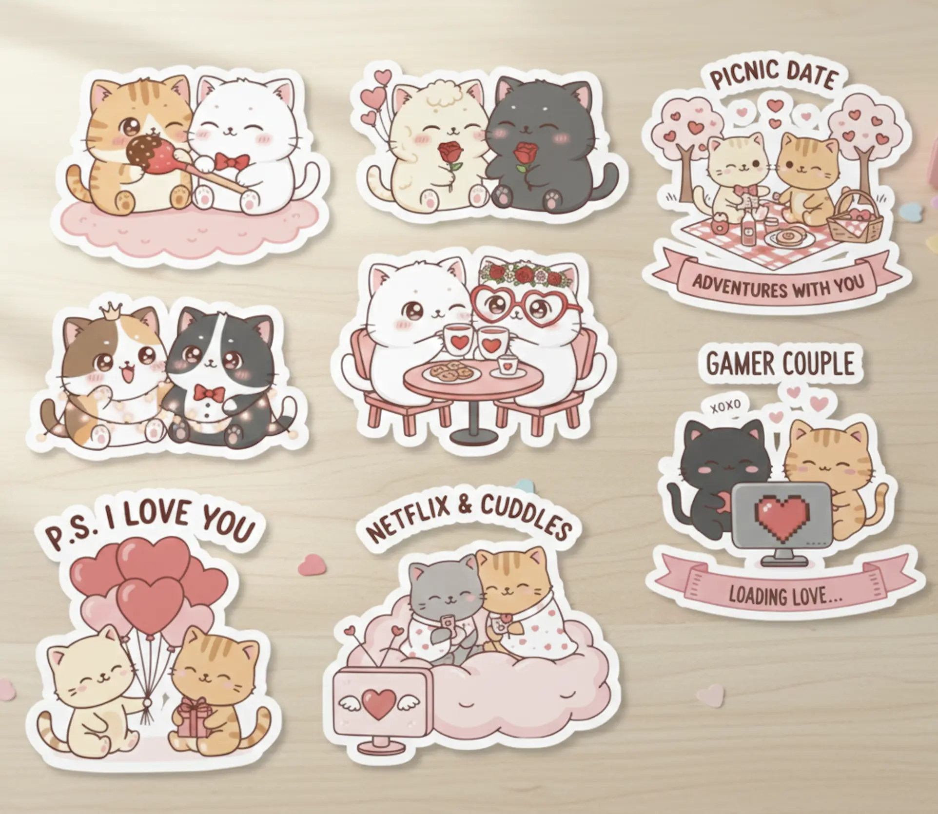 Kawaii Cat Couple Sticker Pack, 8pc Stickers for Journaling, Laptops & Valentines Gifts, Cute Cat Lover Stationery,  Kawaii Stationery for Planners & Laptops, Valentine’s Day Cat Sticker, Valentine's Gift Idea, Cat Couple Decals