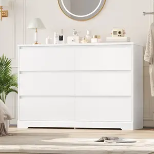 FOTOSOK White Dresser, 6 Drawer Double Dresser, Modern Dresser for Closet, Nursery Dresser for Baby, 47.2'' Wood Storage Side Cabinet Chest of Drawer for Bedroom Living Room