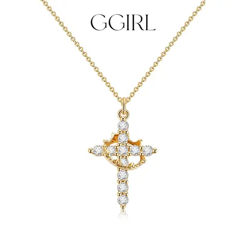 GGIRL Simple 18K Gold Plated Zirconia Crown Cross Coperr Pendant Choker Necklace for Women Men Girls Pretty for Daily Party Clothing Decor, Trendy Exquisite Fashion Jewelry Gifts for Summer Beach Parties Holiday Birthdays Anniversaries Back to School