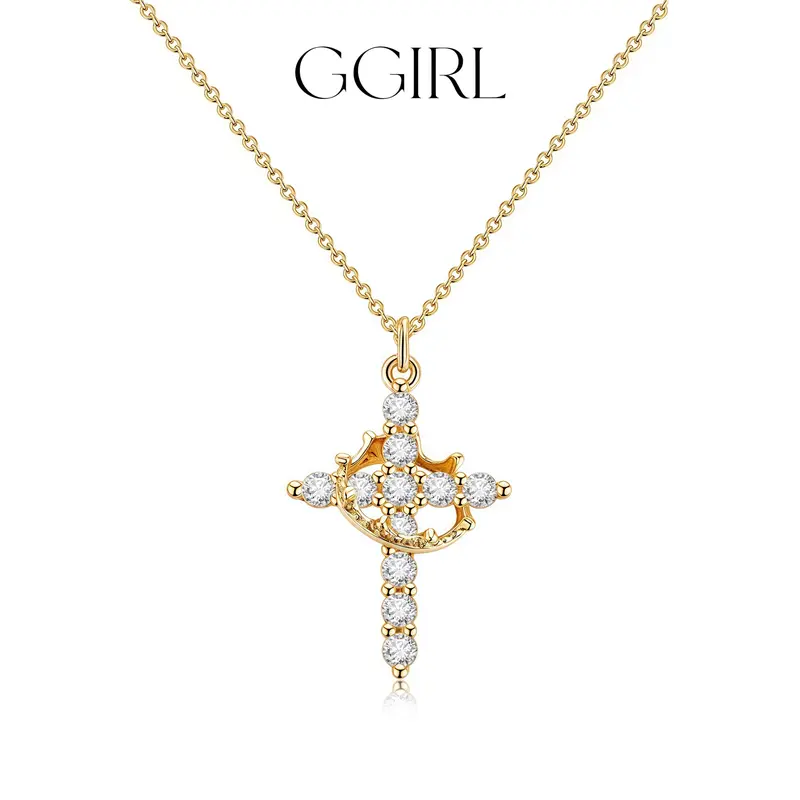 GGIRL Simple 18K Gold Plated Zirconia Crown Cross Coperr Pendant Choker Necklace for Women Men Girls Pretty for Daily Party Clothing Decor, Trendy Exquisite Fashion Jewelry Gifts for Summer Beach Parties Holiday Birthdays Anniversaries Back to School