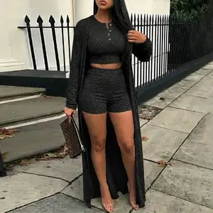 Women's 3 Piece Outfit Rhinestone Decor Henley Crop Tank Top and High Waist Shorts Set with Longline Cardigan Sexy Ribbed Knit Lounge Set Sparkly Summer Vacation Co-ord Set