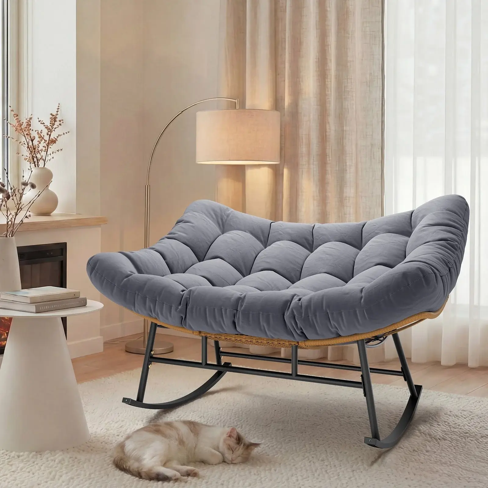 SIKAIC 2-Piece Outdoor Rattan Rocking Chair Set - Grey, with Cushions, Indoor Outdoor Patio Furniture for Balcony, Porch, Outdoor Indoor Patio