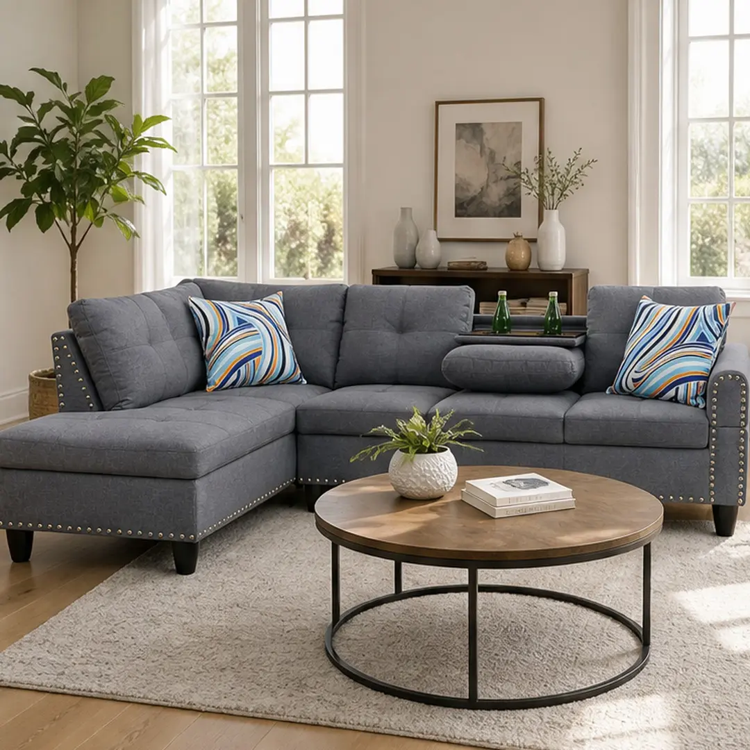 ARCH L-Shape Sectional Sofa with Cup Holder and Storage Ottoman, 6-Seat Faux Leather Couch with Pull-Down Cup Holders, Tufted Living Room Set with Nailhead Trim, Grey, Grey Color Options, Foam/Wood Material, 6 Seat Seat Count, Color: Grey