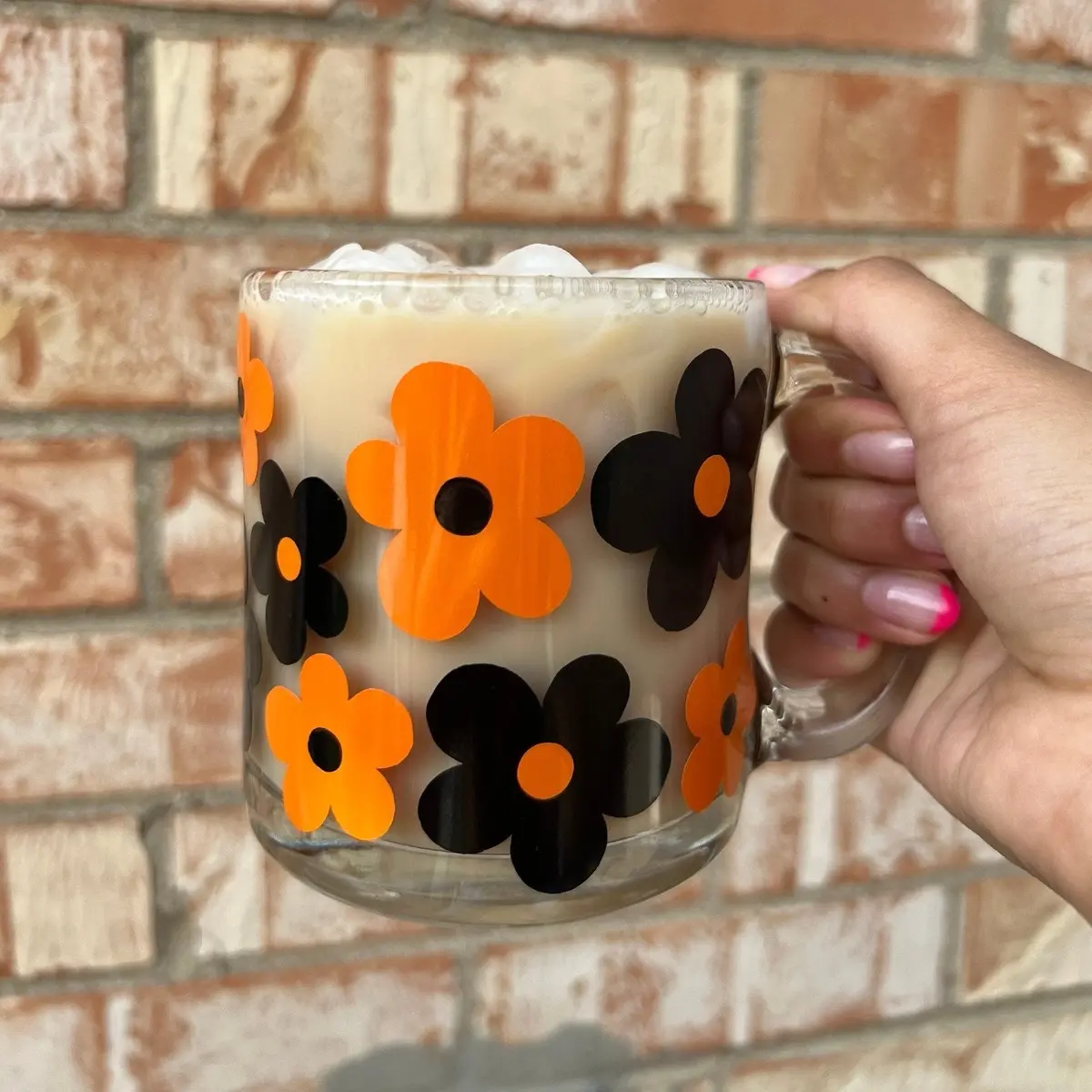 Halloween Orange & Black Flower Coffee Glass