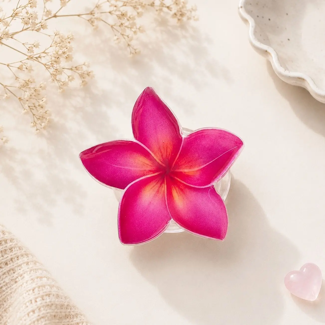 Pink Plumeria Flower Phone Grip, Tropical Floral Phone Holder, Cute Flower Phone Stand, Summer Aesthetic Accessory