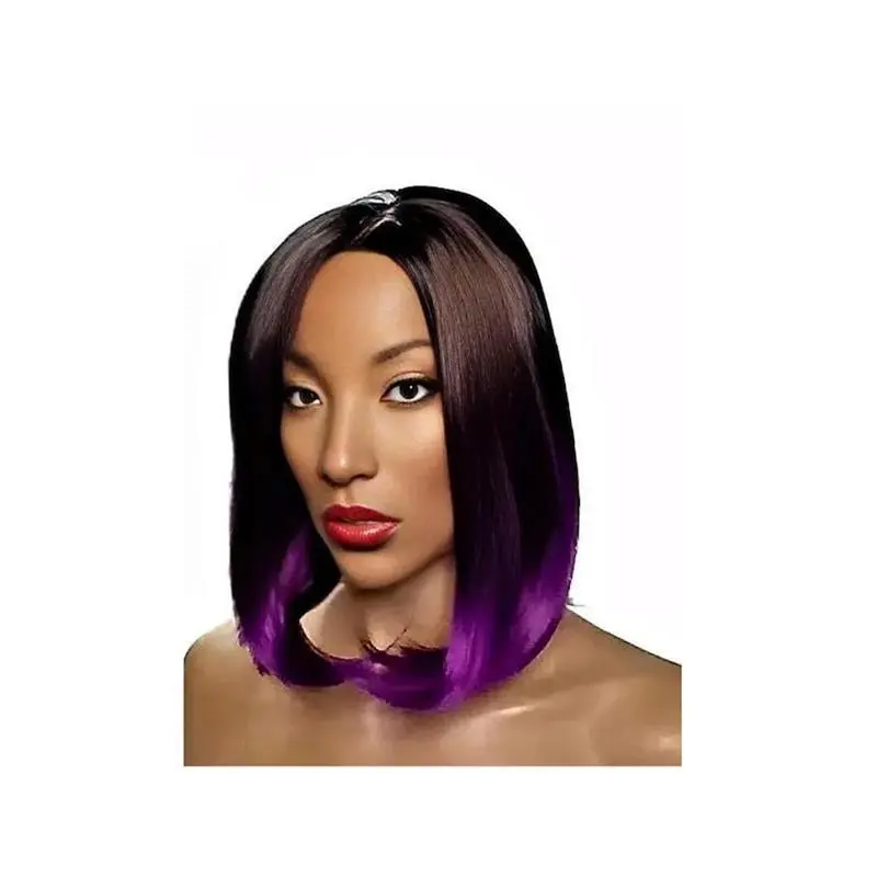 Black and Purple Synthetic Curly Bob Wig - Asymmetrical Long Bob, 14 Inches, Comfortable Design, High Quality Heat Resistant Synthetic Fiber