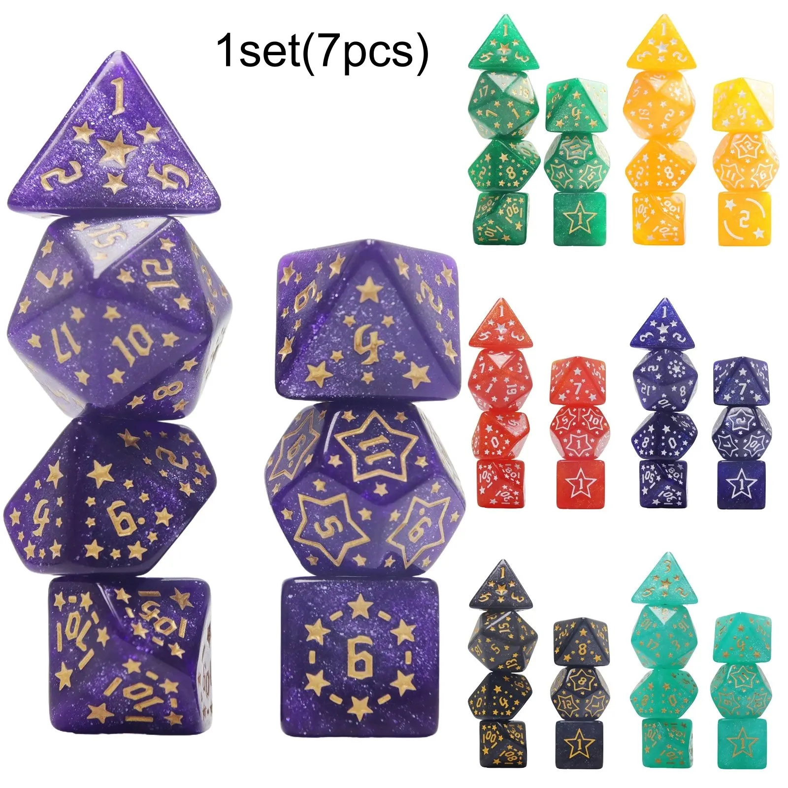 7-Piece Star Pattern Dice Set with Glitter Effect, Multi-Faced Dice, Essential for Dnd Players, Perfect for Tabletop Games, Dice Bulk