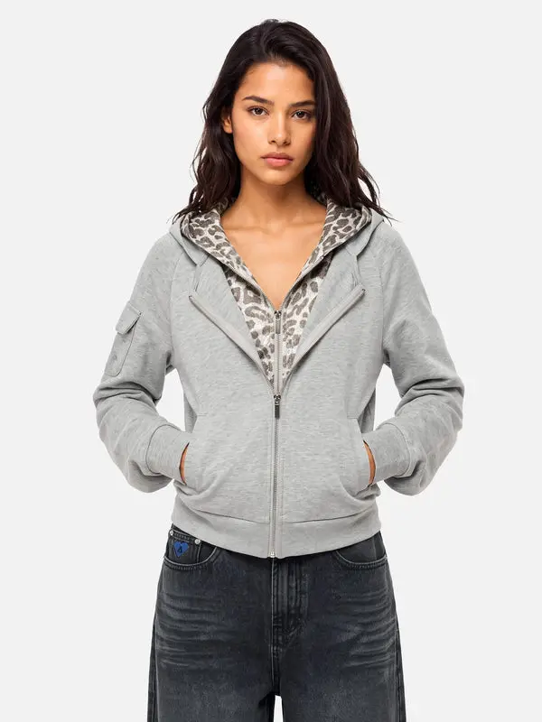 Aelfric Eden Leopard Print Layered Zip Up Hoodie Double Zipper Slim Fit Y2K Streetwear Casual Hooded Jacket for Women