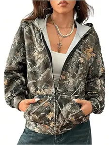 Women's Regular Fit Vintage Camouflage Leaf Print Hoodie, Stylish Casual Athletic Jacket for Outdoor Activities, Trendy Ladies Outerwear（gift）
