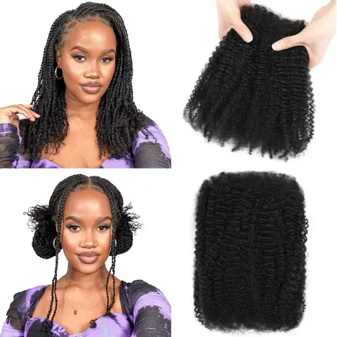 Datanala Afro Kinky Bulk Human Hair Braiding Strands - Glueless 4C Kinky Curl Extensions, Bulk Strands for Black Women, Boho Knotless Braids, Locs Look Natural, Dye & Twist & Style Ready, Natural Black
