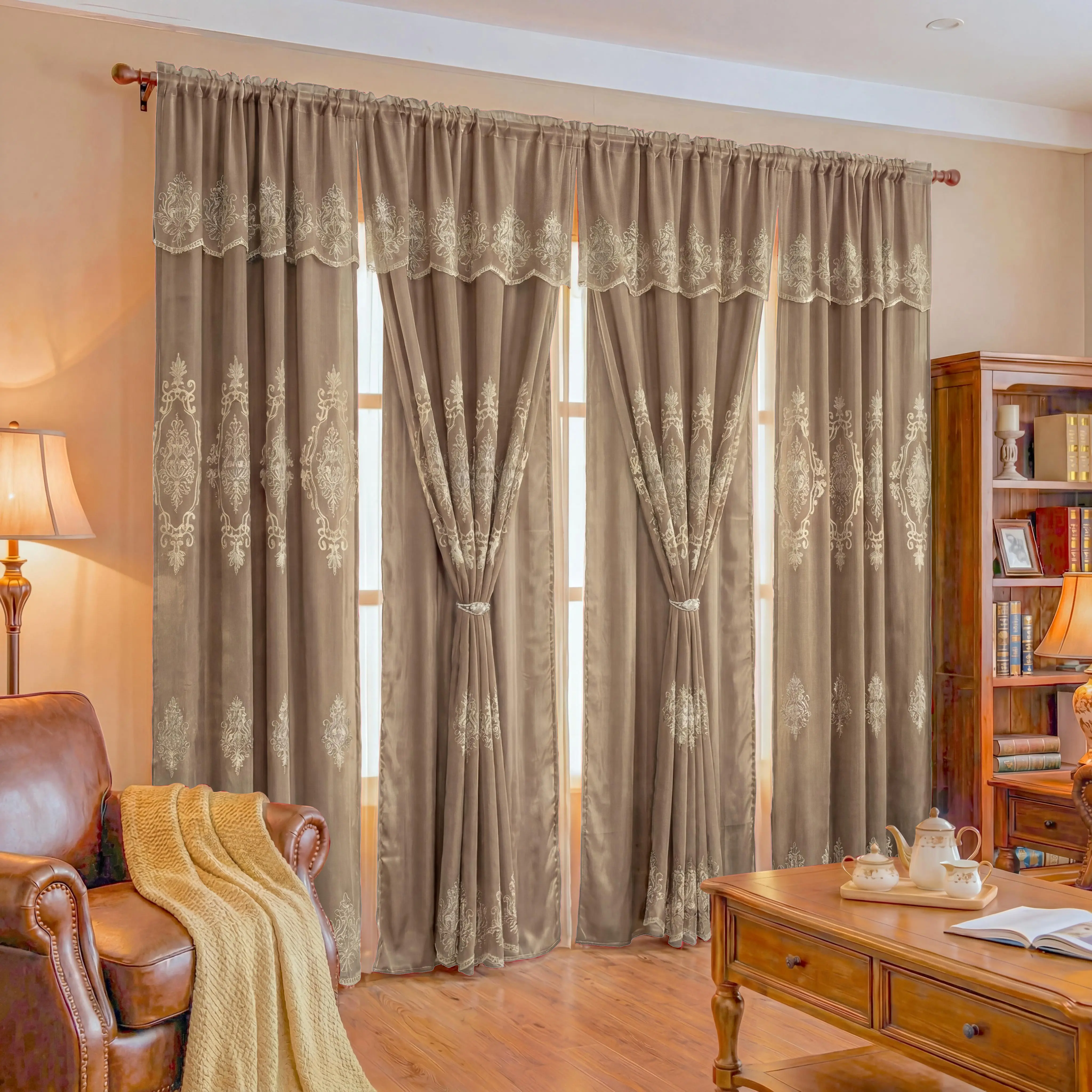 4 Panels 52"x84"  Luxury Embroidered Curtain Set, Rod Pocket Drapes with Matching Valance 52"x18", Double Layer Polyester Drapery with Satin Blackout Liner, Vintage European   Embroidery Window Curtains for Living Room , Classic Farmhouse Mansion   QF01,