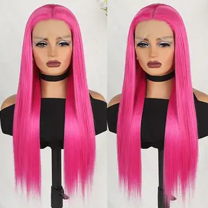 Hot Pink Lace Front Wigs Long Straight Pre Plucked Long Straight Hair Wig Magenta Pink Wigs Ready to Wear Wigs Heat Resistant Synthetic Lace Front Wigs for Women