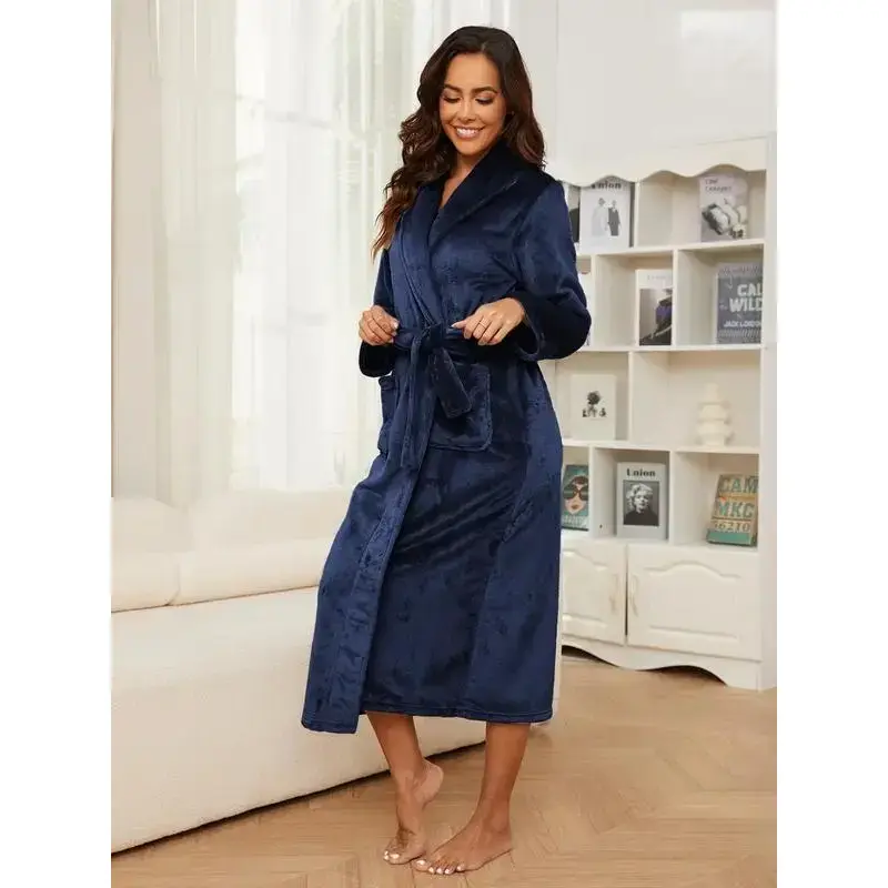 Couple's Solid Belted Pocket Flannel Robe, Casual Long Sleeve Warm Robe for Fall & Winter, Men's Sleepwear for Indoor Wear Couple's Solid Belted Pocket Flannel Robe, Casual Long Sleeve Warm Robe for Fall & Winter, Men's Sleepwear for Indoor Wear