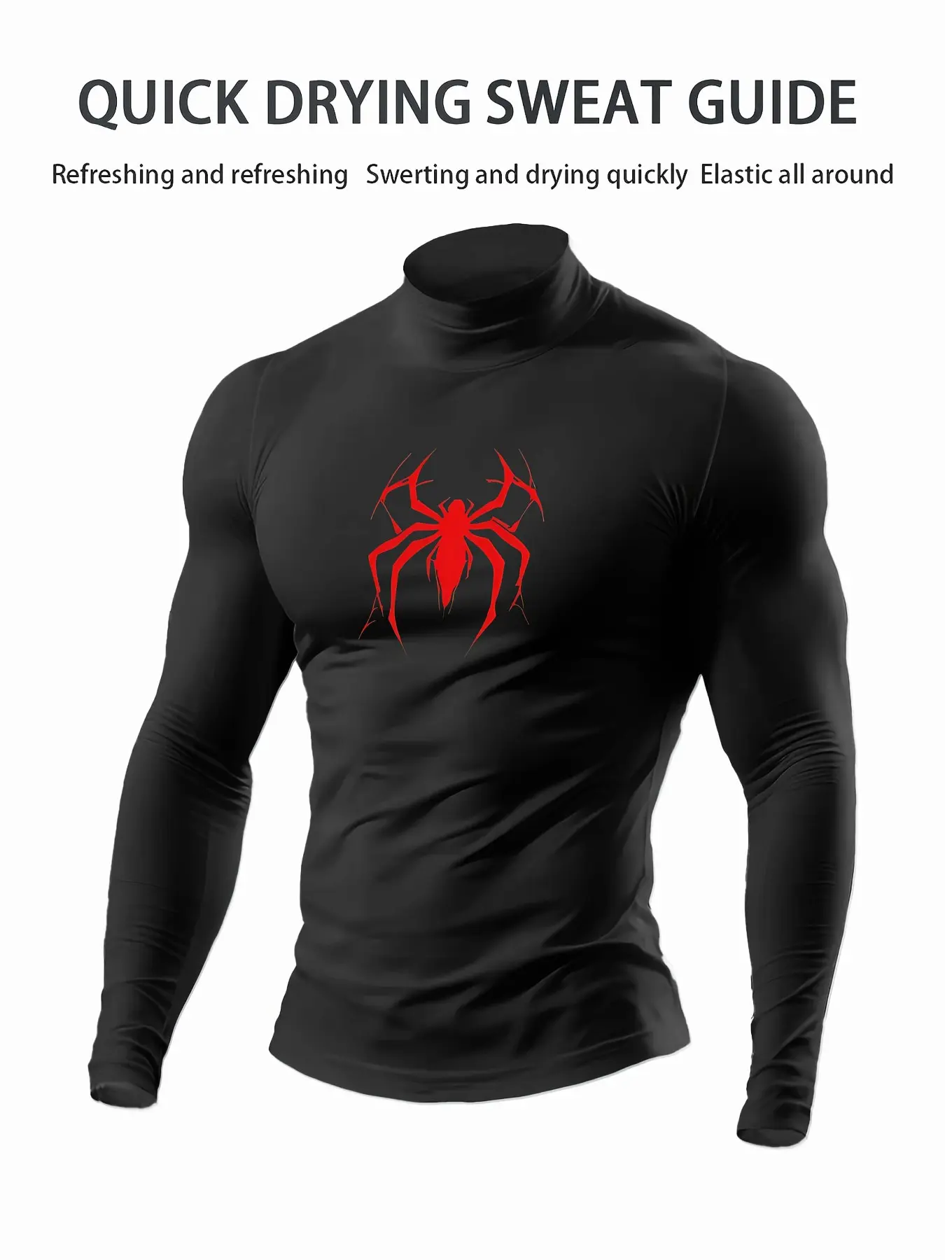 Men's Compression Shirt, Spider-Themed High-Neck Quick-Dry Sweat-Wicking Sporty Design Top, Long-Sleeve Elastic Athletic Base Layer, Gym & Sports, Spider Theme Design, Fitness Sport Top, Athletic Fitness Clothes
