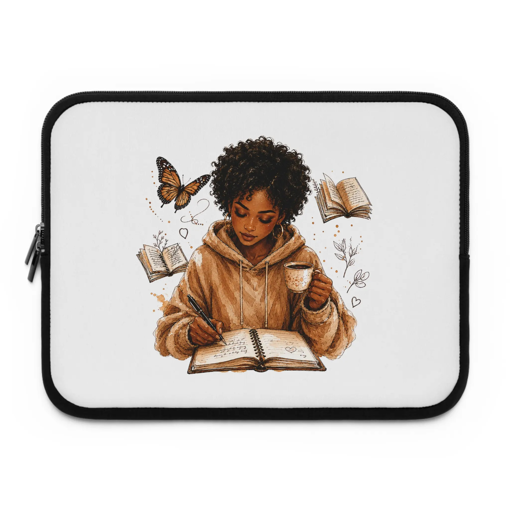 Cozy Reader Illustration Laptop Sleeve | Girl Journaling, Butterfly Books