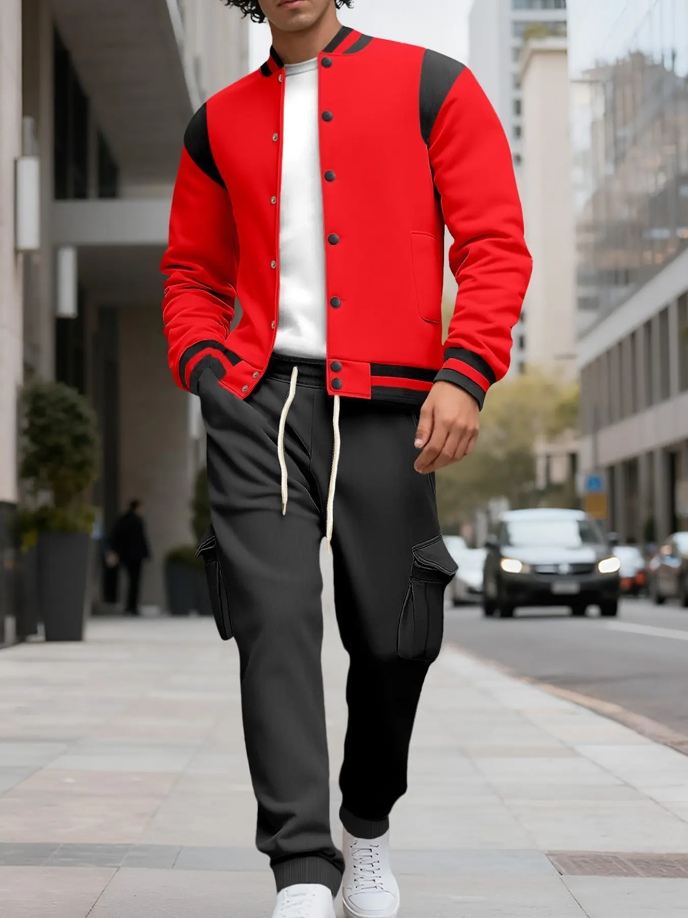 Two-piece men's color-blocking button-down jacket paired with a multi-pocket workwear tapered pants, loose casual long-sved baseball collar jacket and trousers, daily wear men's clothing, suitable for autumn and winter wear two-piece clothing, men's suit.