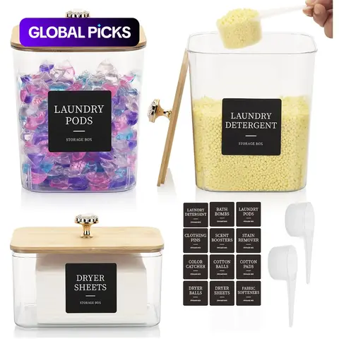 Laundry Detergent Storage Box Set, 1 Set Including 2 Detergent Jars, 1 Dryer Sheet Box, 2 Scoops & 1 Sticker, Home Organizer for Laundry Room, Detergent Powder Storage, Containers with Lids, Reusable Plastic Canister Set #GLOBAL PICKS