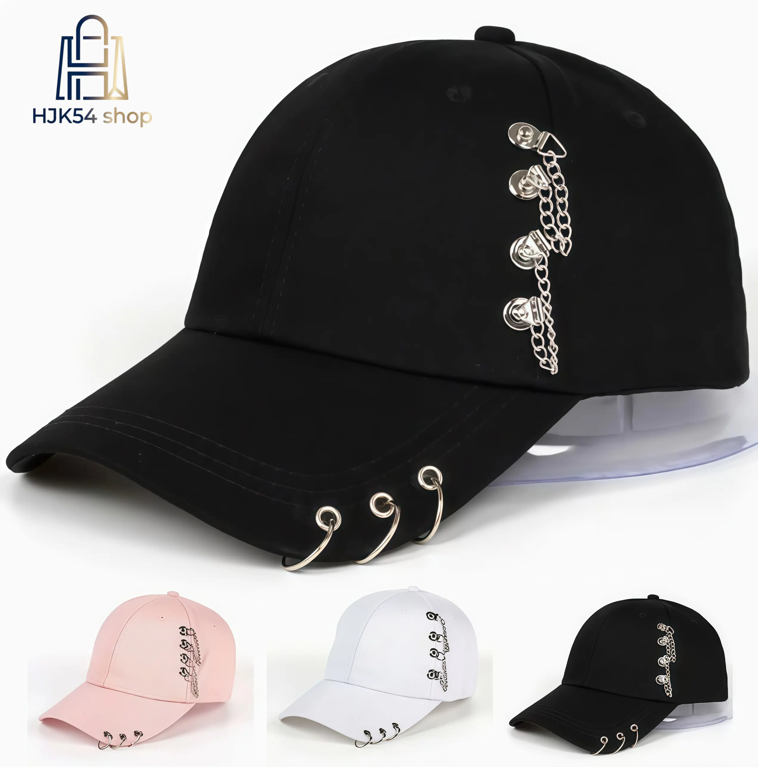 Gothic Chain Baseball Cap, Punk Style Metal Ring Adjustable Hat, Hip Hop Streetwear Sun Cap, Cool Casual Baseball Hat with Detachable Chains, Flat Bill Cap, Adjustable Fit Hat