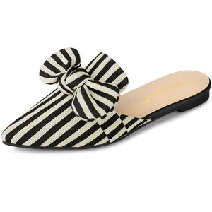 BLISSFUL STEP Pointed Toe Stripe Bow Slides Flats Mules Black