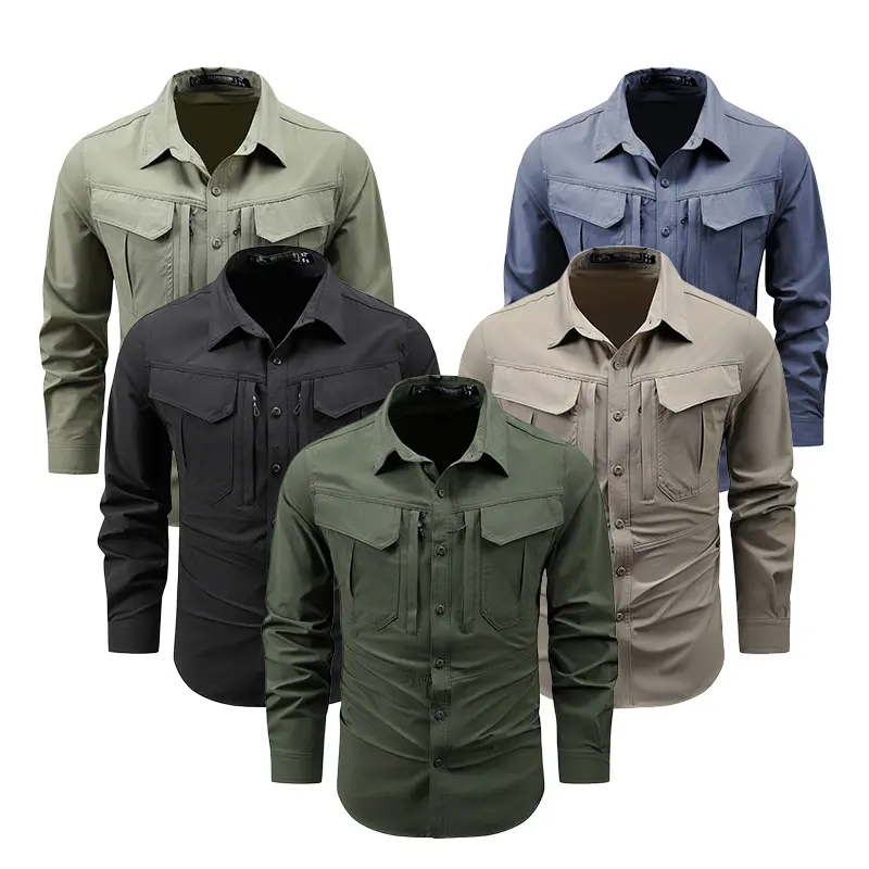 New men’s stretch long-sleeve shirt made from breathable, skin-friendly fabric, featuring a turn-down collar and multiple pockets including chest pockets; suitable for commuting to work and everyday casual wear; a versatile workwear shirt for outdoor acti