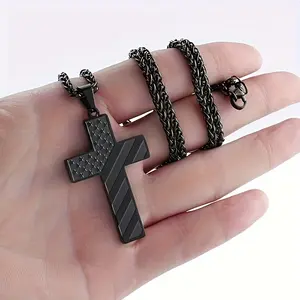 Cross Necklace for Men, Inspirational Bible Verse American Flag Cross Chain, Stainless Steel Cross Pendant Necklace Fashion Jewelry