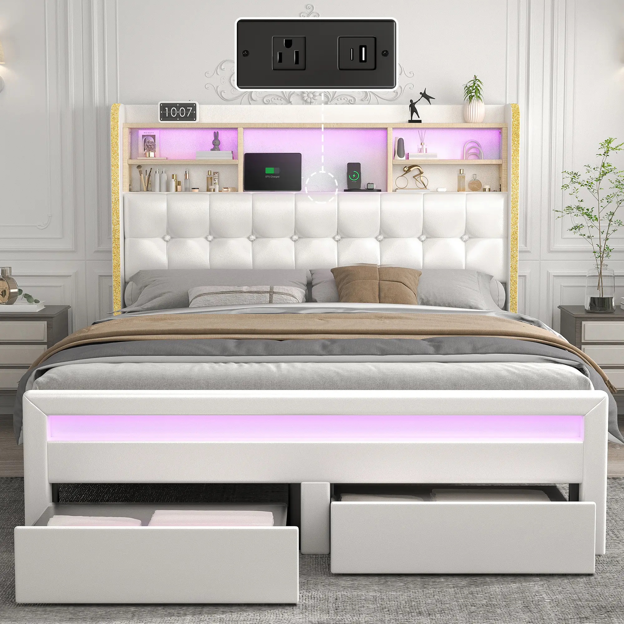 Sibeds California King Bed Frame with Bookcase Storage Headboard and 2 Drawers, 52" Ultra-High LED Bedframe with Charging Station, PU Leather Upholstered Crystal Button Tufted Wingback Bed with Footboard, White, Cama con Luces LED,Christmas Gifts