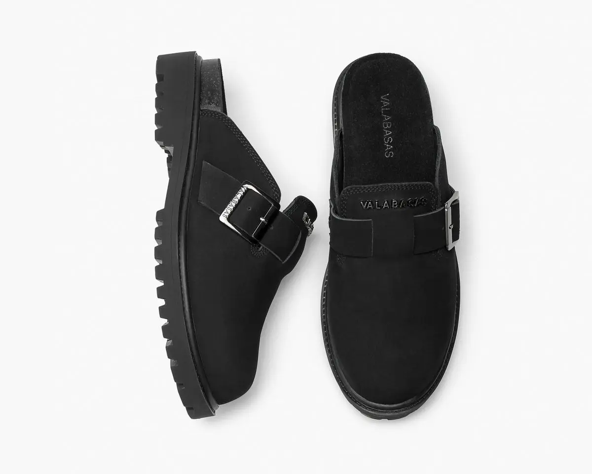Women's Premium Suede Flat Mules - Slip-On, Pull-On Casual Shoes with Buckle, vlbs-mule-100 Black Streetwear Footwear, Comfortable Fashion Style for Denim
