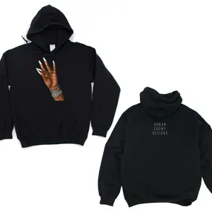 Urban Ebony Designs Nail Set Hoodie with Unique Hand Graphic and Brand Logo on Back