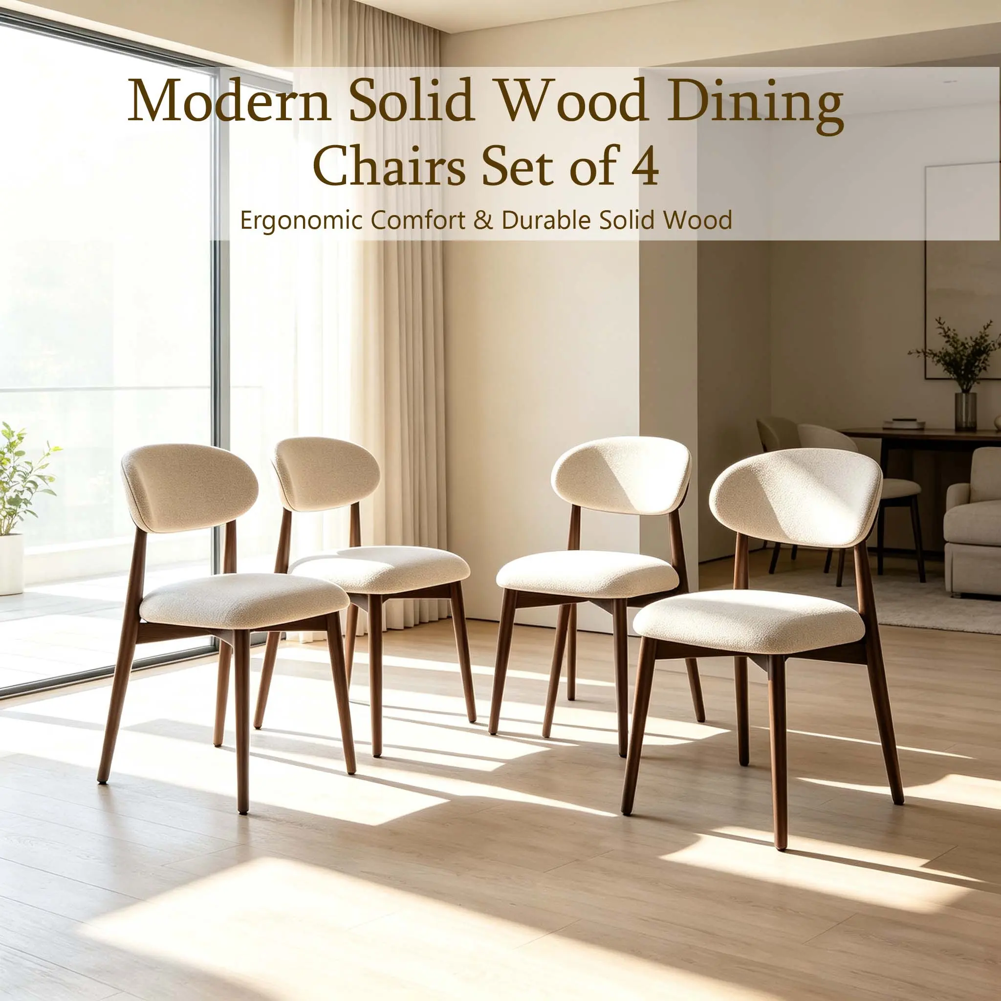 Modern Solid Wood Dining  Set of 4, Ergonomic Upholstered Seat with Curved Backrest, Anti-Slip Foot Pads, Space-Saving for Kitchen Breakfast Nook Coffee Corner, Walnut fabric finish thicken cushion side chair curve room