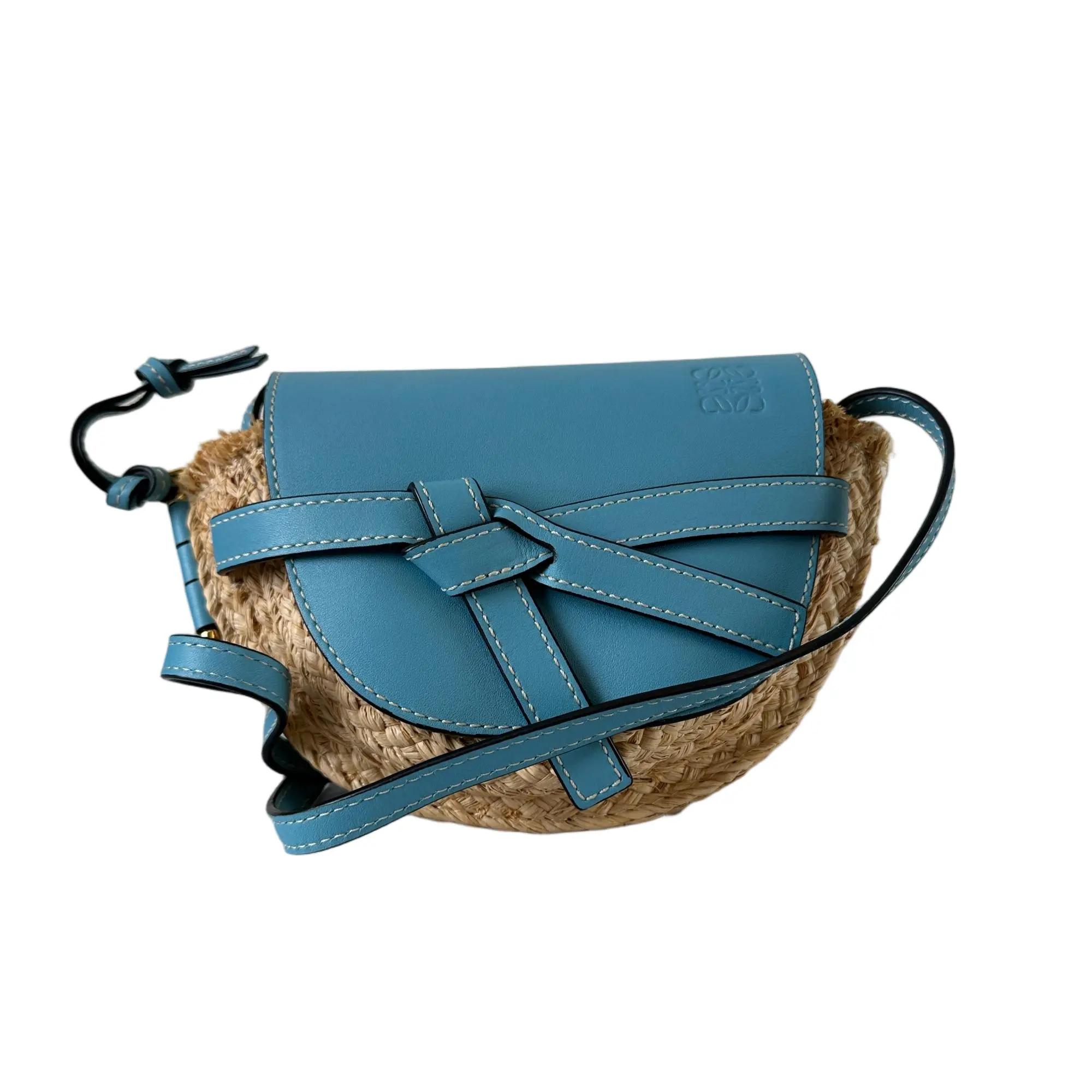 Pre-owned Loewe Calfskin & Raffia Shoulder Bag Gate Mini Blue & Beige 15683819