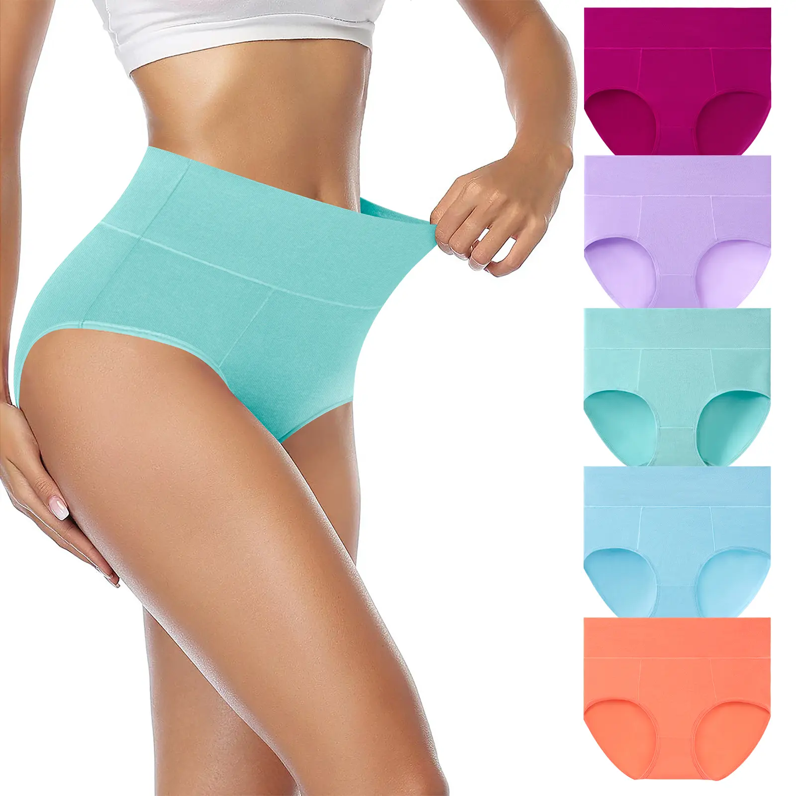 Women’s 5-Pack High-Waist Cotton Briefs, Full Coverage Soft Stretch Gentle Tummy Smoothing Panties, Breathable Comfortable Underwear for Daily Casual Wear, Spandex, Fit, Stretchy, Tummy Control, Basic, Halloween, Christmas, Birthday