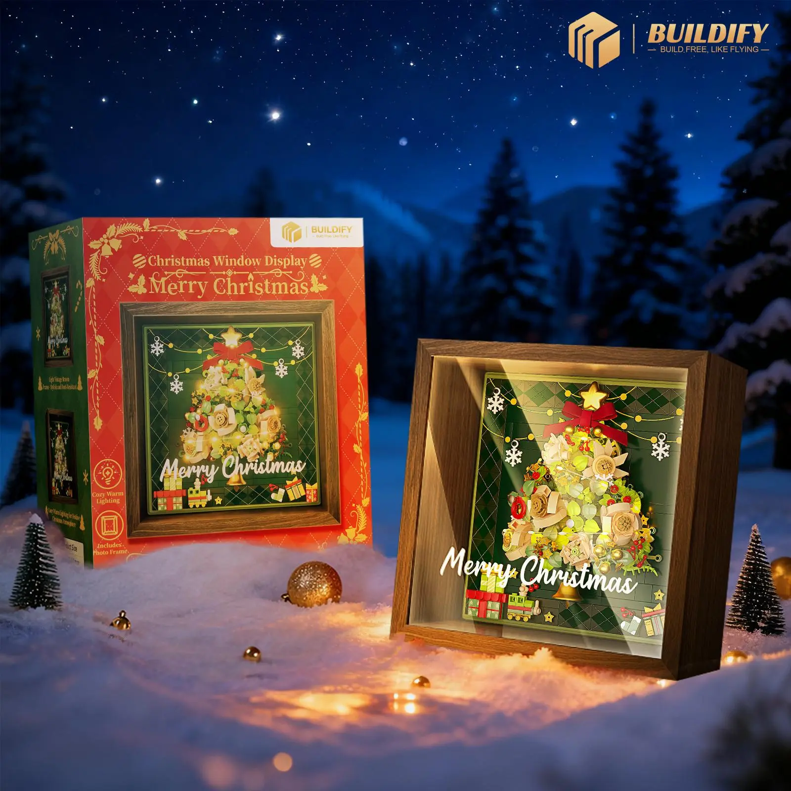 BUILDIFY Christmas Tree Showcase Wooden Building Block Set Nostalgic Frame Desktop Decorative Toy Compatible with Lego Set for Kids Aged 8+ Ideal for Christmas Birthdays and Holidays family party decoration Ornaments Festive Scenes Enhance Creativity Gift