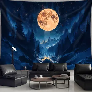 1pc Natural Forest Full Moon Starry Night Scene Aesthetic Print Tapestry, Polyester Print Tapestry, Birthday Gift, Room Decoration, Party Decoration, Suitable for Living Room Bedroom Dormitory, with Free Hanging Clip