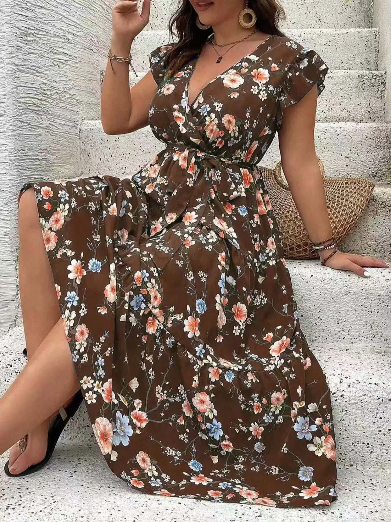 Plus Size Women's V Neck Long Dress, Waist Cinched Slimming Floral Print, Casual  Boho Summer Vacation Wear, All Seasons Bohemian - TikTok Shop