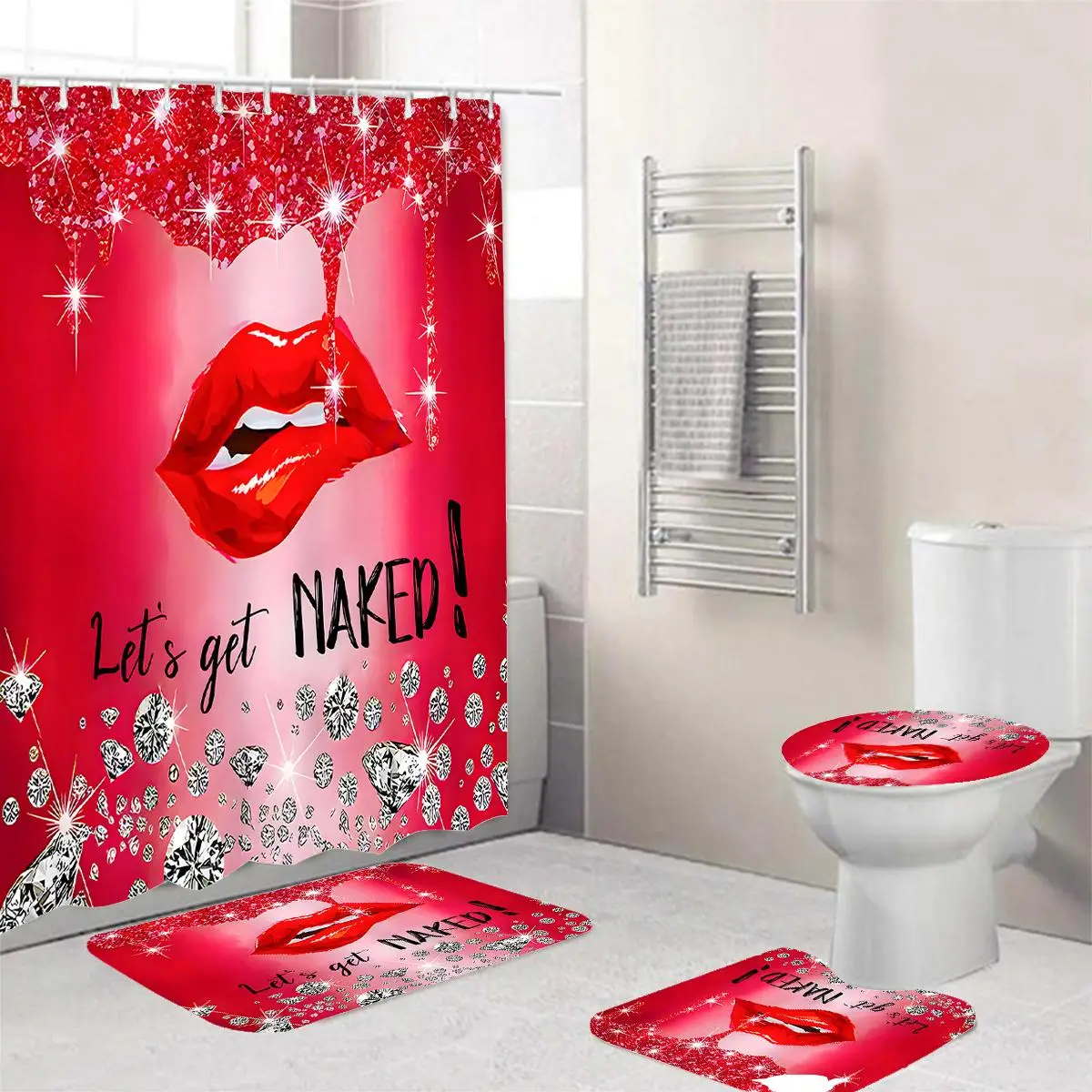 Creative Lip Pattern Shower Curtain/ Shower Curtain & Toilet Lid Cover & Bath Rug & U Shaped Toilet Mat Set, Bathroom Decorative Supplies (12 Shower C