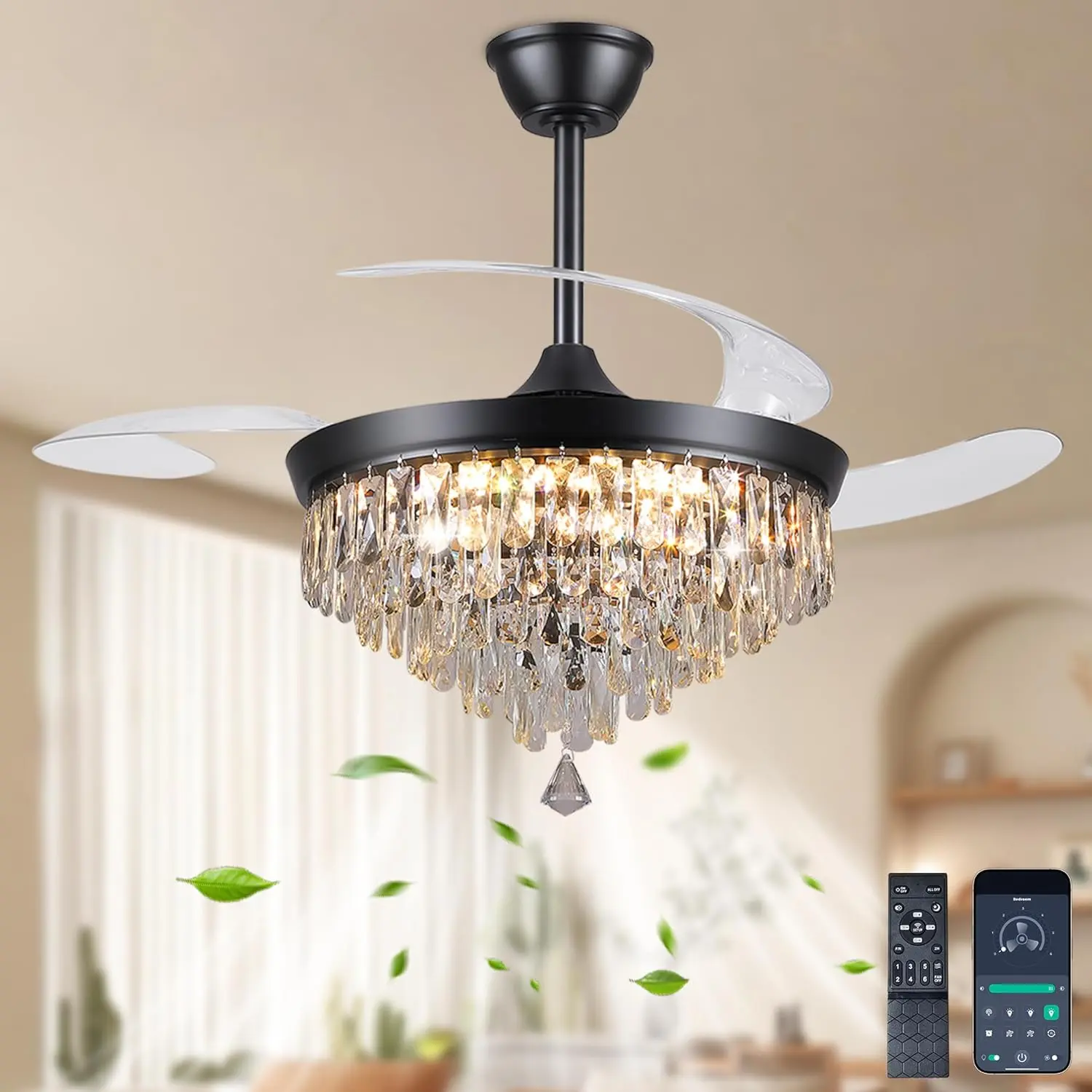 48 in Crystal Retractable Blade Fandelier Ceiling Fan with Light Kit - Dimmable 3-Color LED, Reversible DC Motor, Modern Fan-Light Combo for Bedroom, Living Room, Modern Home Decor, Glam Decor, Decorative LED Ceiling Lighting (Black, Gold, Nickel)