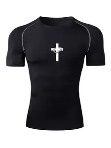 Men's Cross Print Short Sleeve Compression Shirt, Compression Sports Tee, Gym Workout Fitness Running T-Shirt Tees, Tight-Fitting Sporty Rash Guard Baselayers Undershirts, Summer Quick-Dry Breathable Round Neck Shirt, Athletic Tops, Breathable Athletics