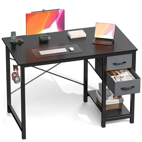 Multifunctional 40 Inch Computer Desk with Storage - Modern Writing Desk with 2 Fabric Drawers & Shelf, Adjustable Organizer & Side Hook for Home Office Study