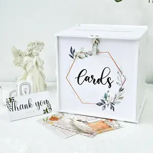 White Wedding Card Box with Lock, PVC Gift Card Box for Wedding Reception, Eucalyptus DIY Wedding Envelope Money Card Box for Party Graduation Birthday Shower Decorations