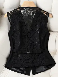 Spring Summer High-End Design Lace Patchwork Back Waist Cinching Linen Vest, Fashion Elegant Unique Sleeveless Top Womenswear