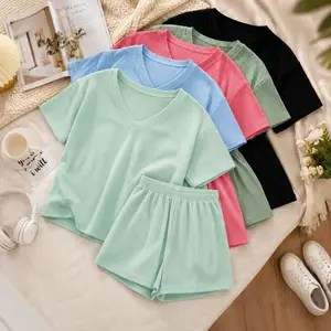 Women’s 2 Piece Ribbed Lounge Set, V Neck Short Sleeve Top and Matching Shorts with Pockets