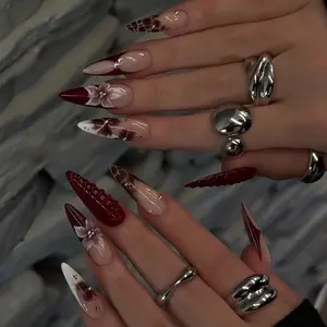 24 Long Sharp Claw Nails, Bordeaux French Tips with 3D Floral & Knit Texture, Y2K Glossy False Nails, Nail Art Design, Reusable, Party & Date Ready