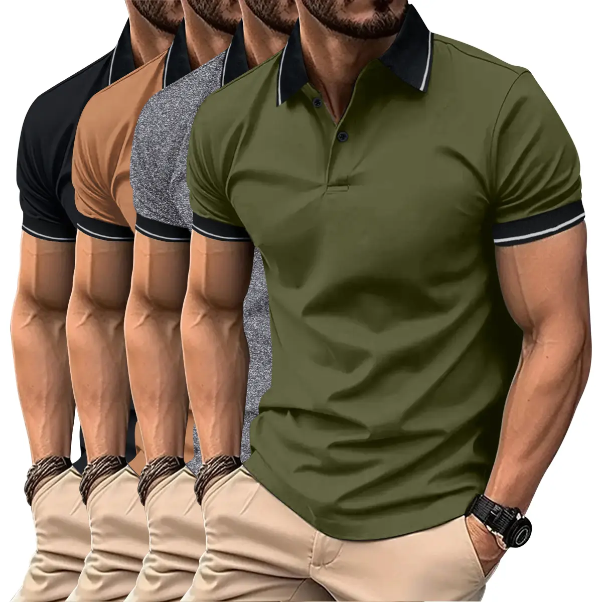 Men's 4-Pack Solid Polyester Blend Polo Shirts - Short Sleeve, Button-Front, Embroidered Lapel, Plus Size Casual Sportswear Tops