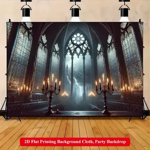 2D Flat Printing Backdrop Banner 1pc, Ancient Church With Lightning Outside Vibrant Polyester Background Cloth for Family Party, Wedding, Birthday, Christmas, Thanksgiving, Fall, Entryway, Room Decorations, Easy to Set Up, Reusable