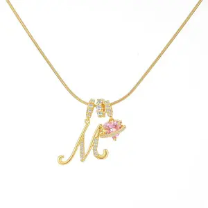 3-Layer A-Z Initial Pendant Necklace for Women - Adjustable Snake Chain Choker, Sparkling Pink Heart Zircon Jewelry