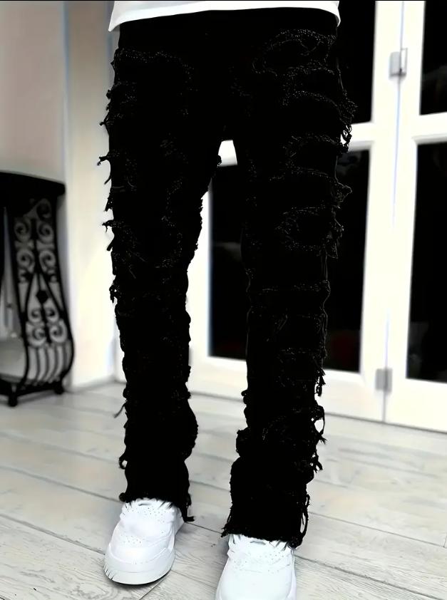 Viral All Black Extreme Distressed Ripped Jeans Fringe for Men Torn Heavy Destroyed Denim Pants Streetwear Trending