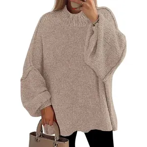 PrettyGarden Women's Fall Oversized Sweaters Chunky Mock Neck Knit Long Lantern Sleeve With Stiching Casual Trendy Pullover Winter Clothes, Comzy Sweater-Womenswear #Falltok