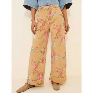 Women's Khaki Yellow Boho Floral Print Wide Leg Jeans with Double Rolled Hem & Front Zipper Closure Regular Fit Denim Bottoms for All Seasons Bohemian Trouser Pants - Elegance